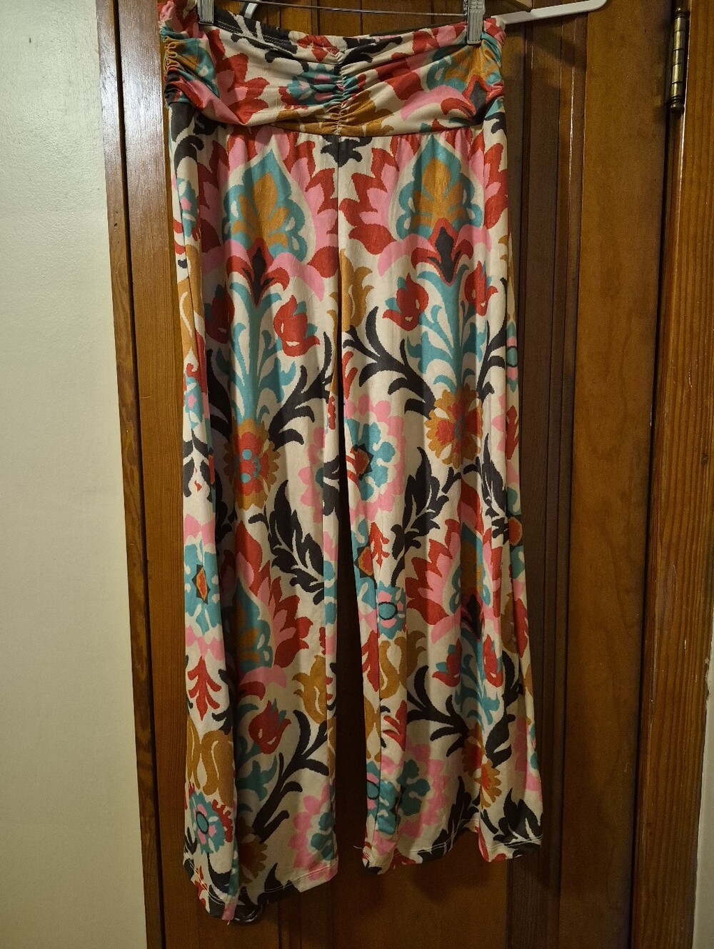 Vintage Wide-Leg Boho Pants, Rouched Waist
